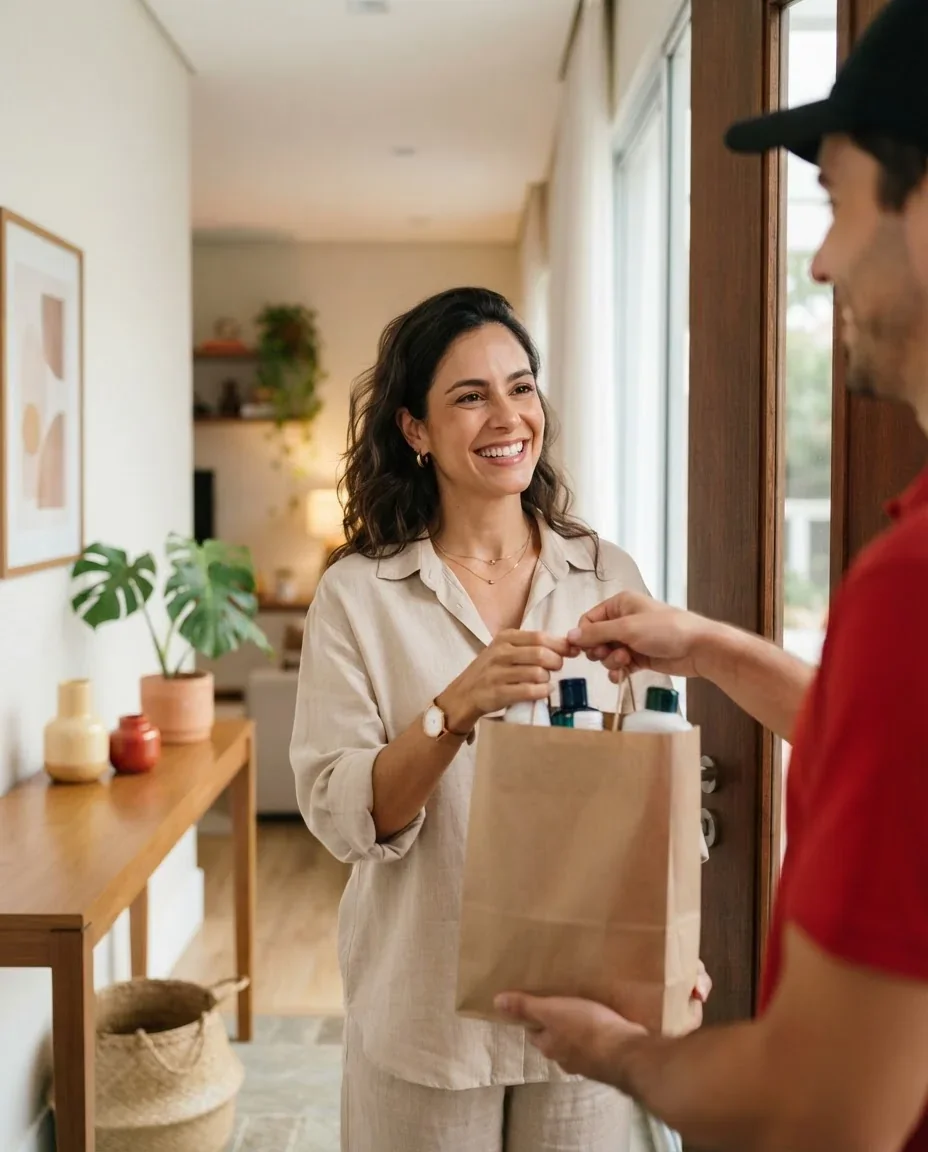 Cliente recebendo em casa a sacola com o pedido da drogaria
